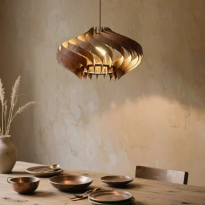 Dark walnut Serentia pendant light installed in rustic dining room with warm ambient lighting and twisted wood shade detail