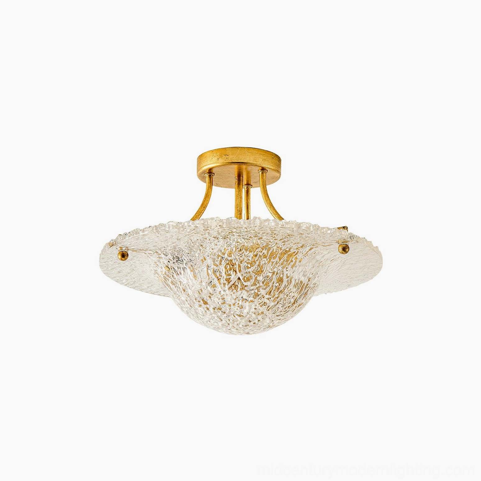 Serilda semi-flush ceiling fixture with brass gold finish and delicate textured clear glass saucer shade, studio overhead view