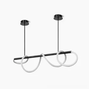 Serpentine loop LED pendant light with black metal frame and white silicone tubing, front view on white background