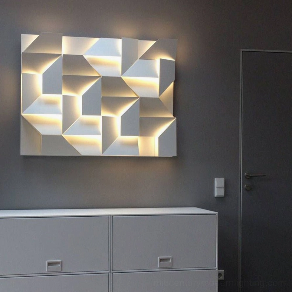 Modern architectural wall sconce with geometric cutout design, white LED lighting