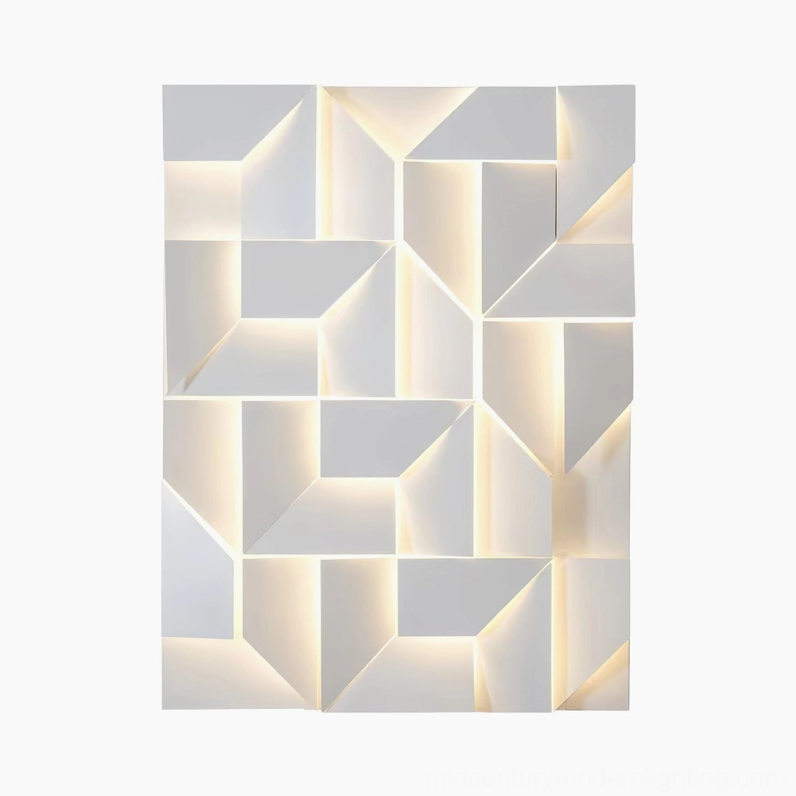 Shadows geometric wall lamp panel with 3D laser-cut pattern and warm LED backlight, studio view