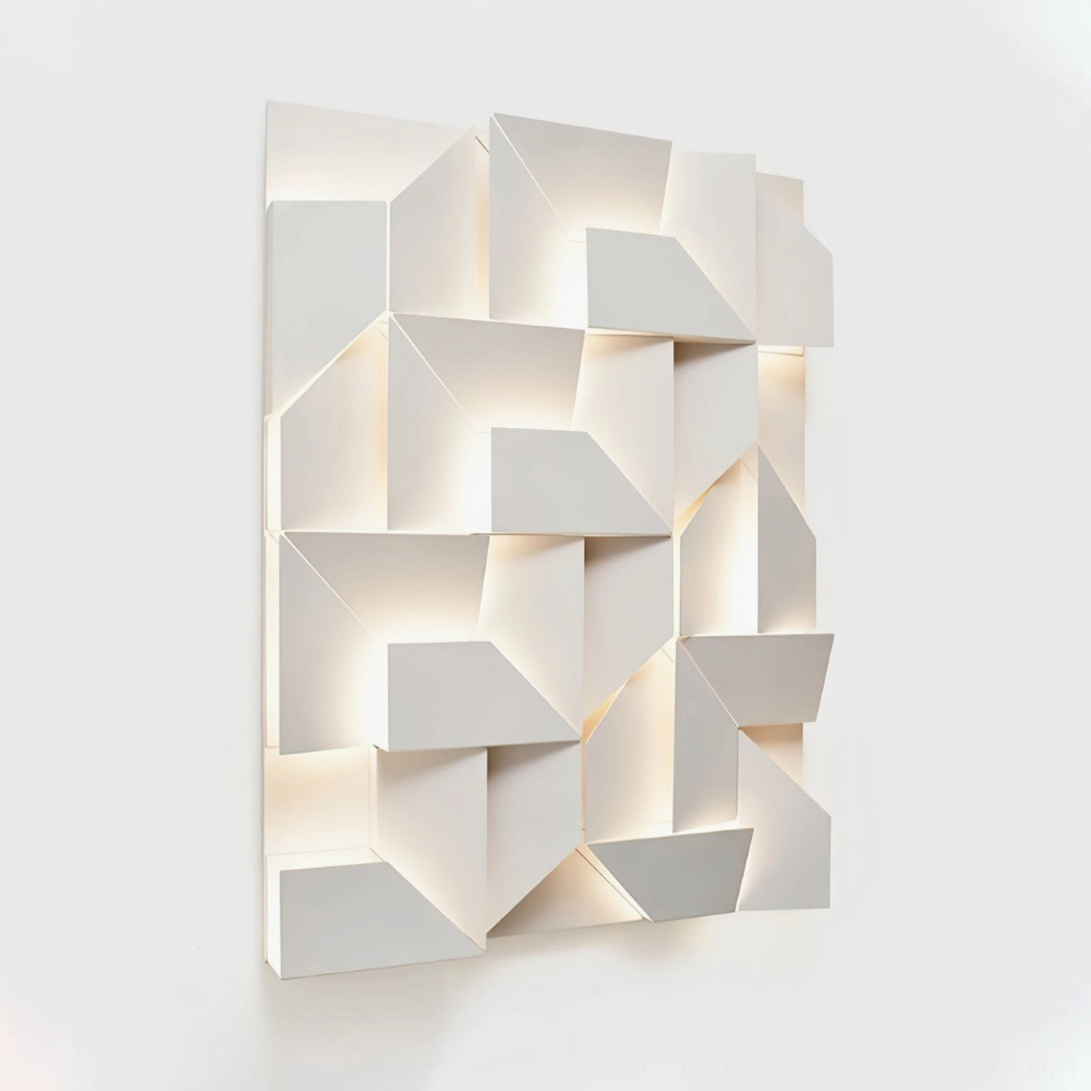 Laser-cut geometric wall lamp with white matte aluminum finish, modern sconce design