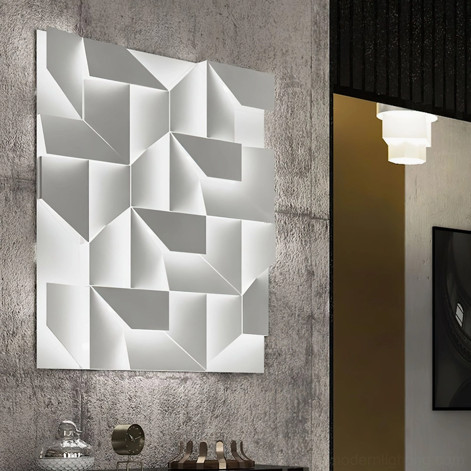 Shadows wall sconce installed as architectural feature wall lighting, geometric design