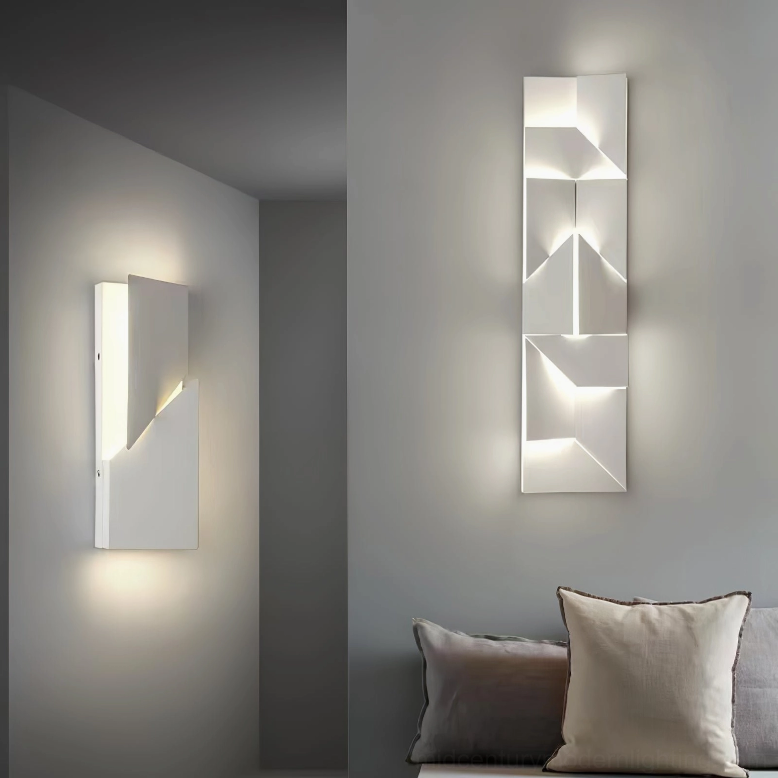 Shadows geometric wall sconce with laser-cut aluminum frame, white matte finish, detail view