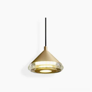 Shear brass crystal pendant light front view, polished brass and clear crystal faceted shade, minimalist modern design