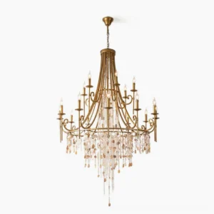 Shell Elegance Chandelier frontal view showcasing brass frame with cascading crystal and shell pendants on white background