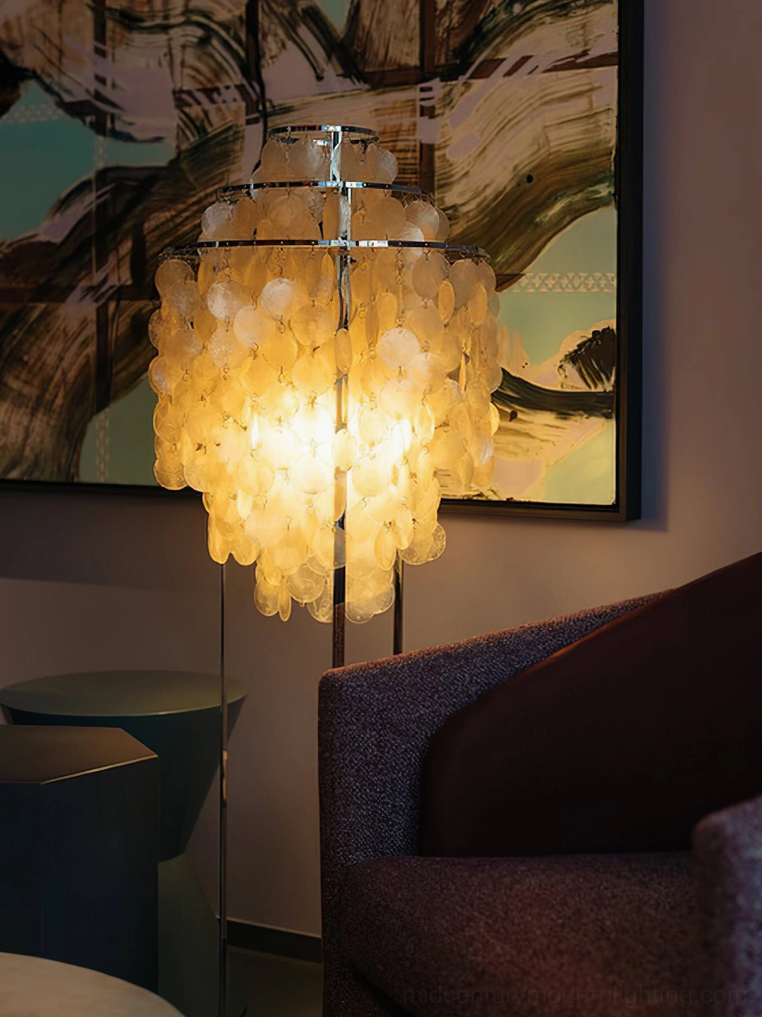 Shell floor lamp corner placement showcasing sculptural presence in modern interior