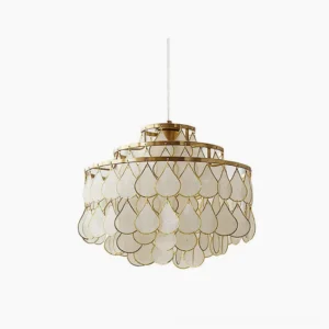 Tiered shell pendant lamp with gold metal frame and white matte shell shade, frontal view on plain background, mid-century modern design