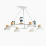 Shiba Inu pendant chandelier with 6 heads, white and natural wood finish, overhead studio view on minimalist background