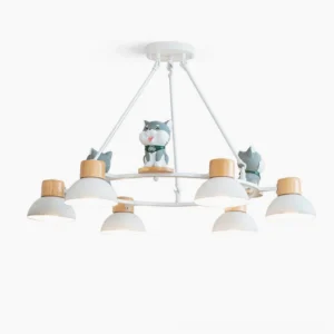 Shiba Inu pendant chandelier with 6 heads, white and natural wood finish, overhead studio view on minimalist background