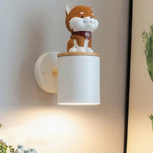 Shiba Inu wall lamp mounted on indoor home wall with artwork, warm glowing light illumination