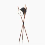 Shift mid-century modern tripod floor lamp with black drum shade and walnut wood legs - front view studio shot