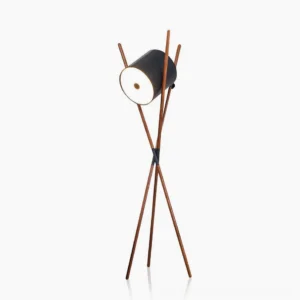Shift mid-century modern tripod floor lamp with black drum shade and walnut wood legs - front view studio shot