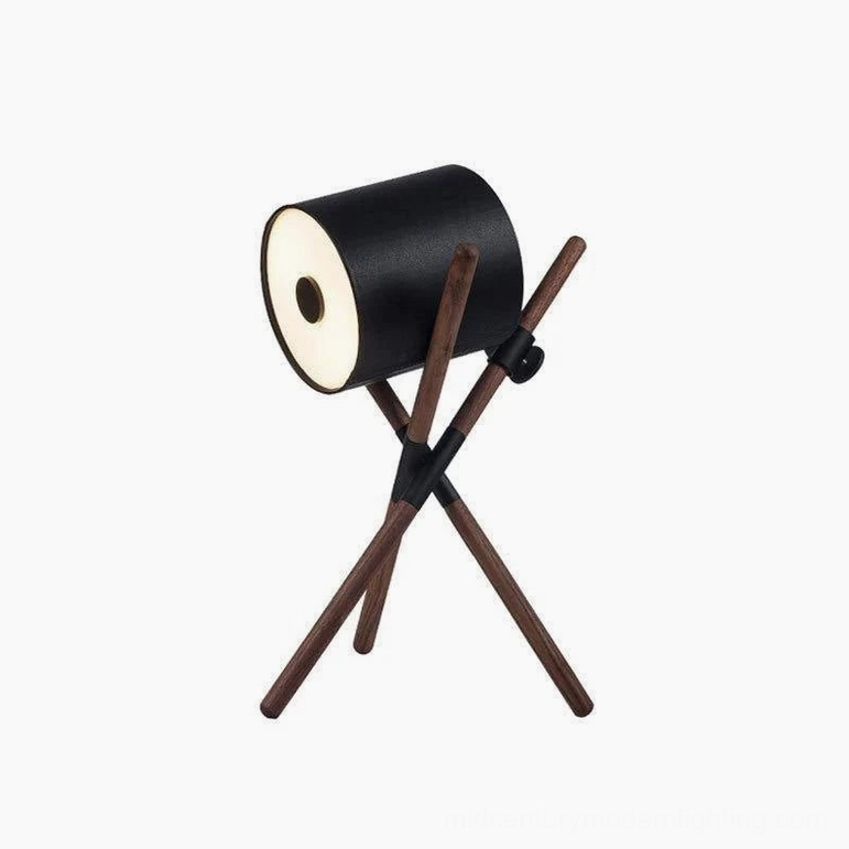 Black and walnut color Shift tripod table lamp with natural wood construction detail