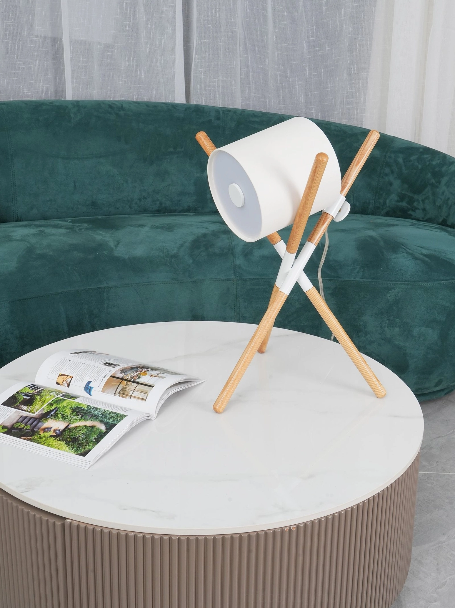 Shift tripod table lamp available in multiple wood finish and base color combinations
