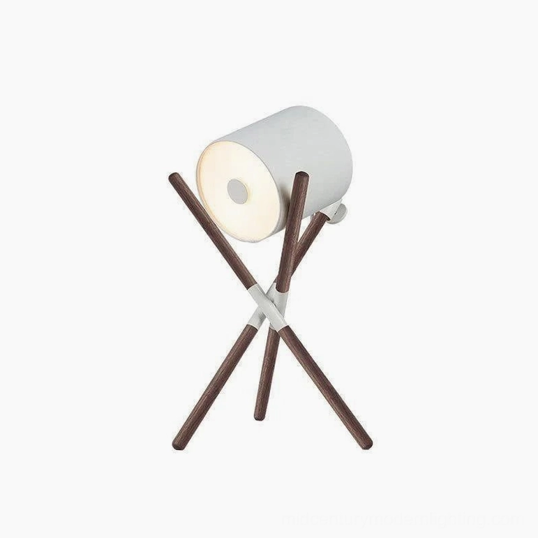White and walnut finish Shift mid-century modern tripod table lamp design