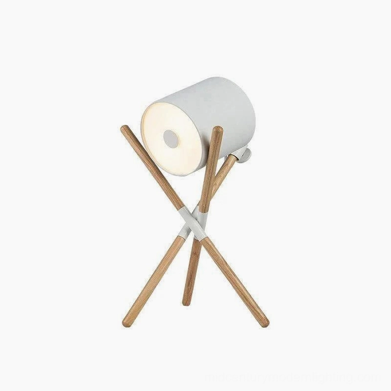 Shift tripod table lamp full product view with tripod wood legs and cylindrical fabric shade