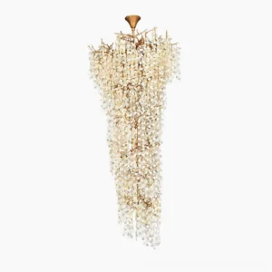 Shiro Noda crystal cascade chandelier front studio view with hand-formed brass frame and cascading crystal glass coins