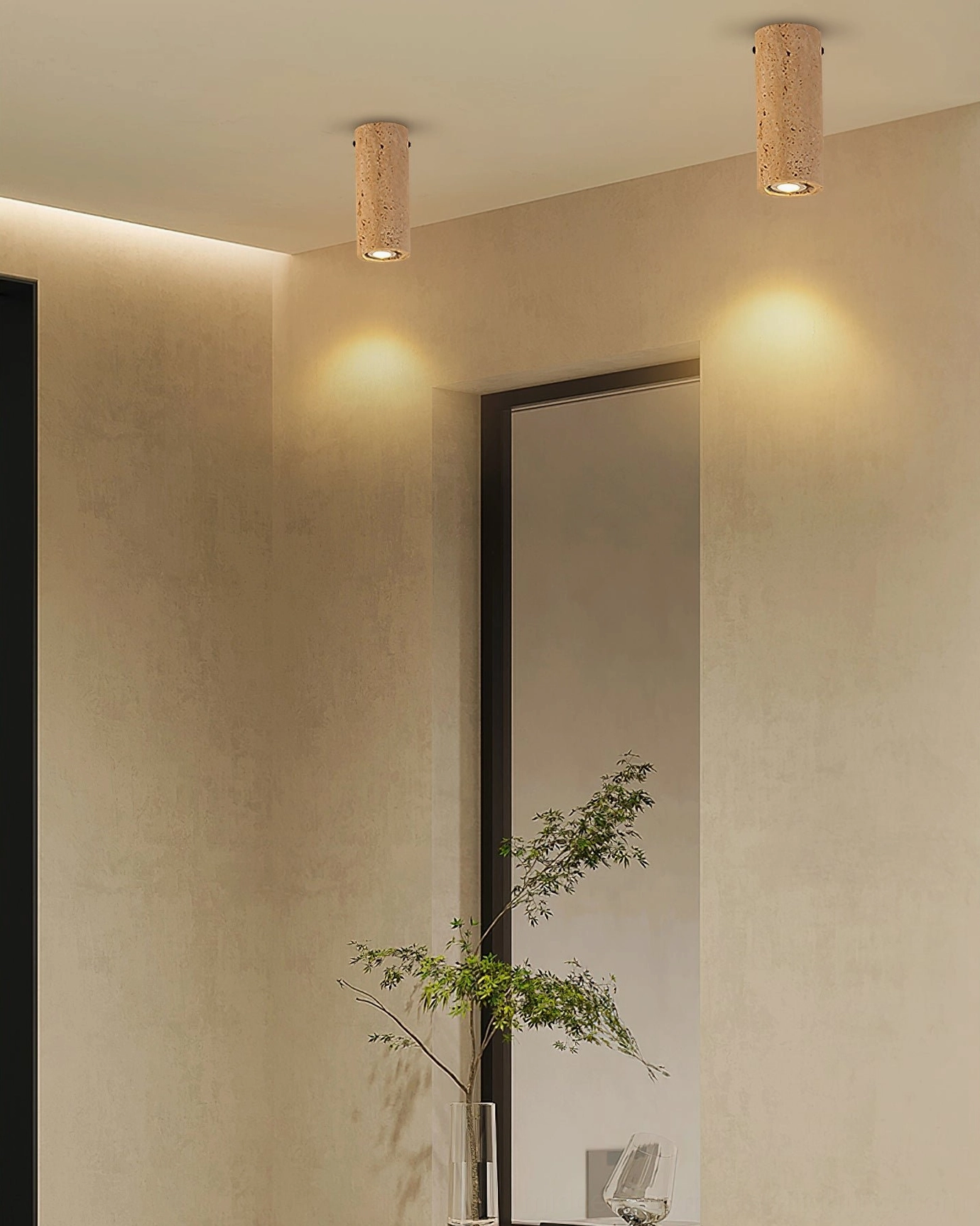 Shura travertine ceiling lamp hallway perspective mirror natural light