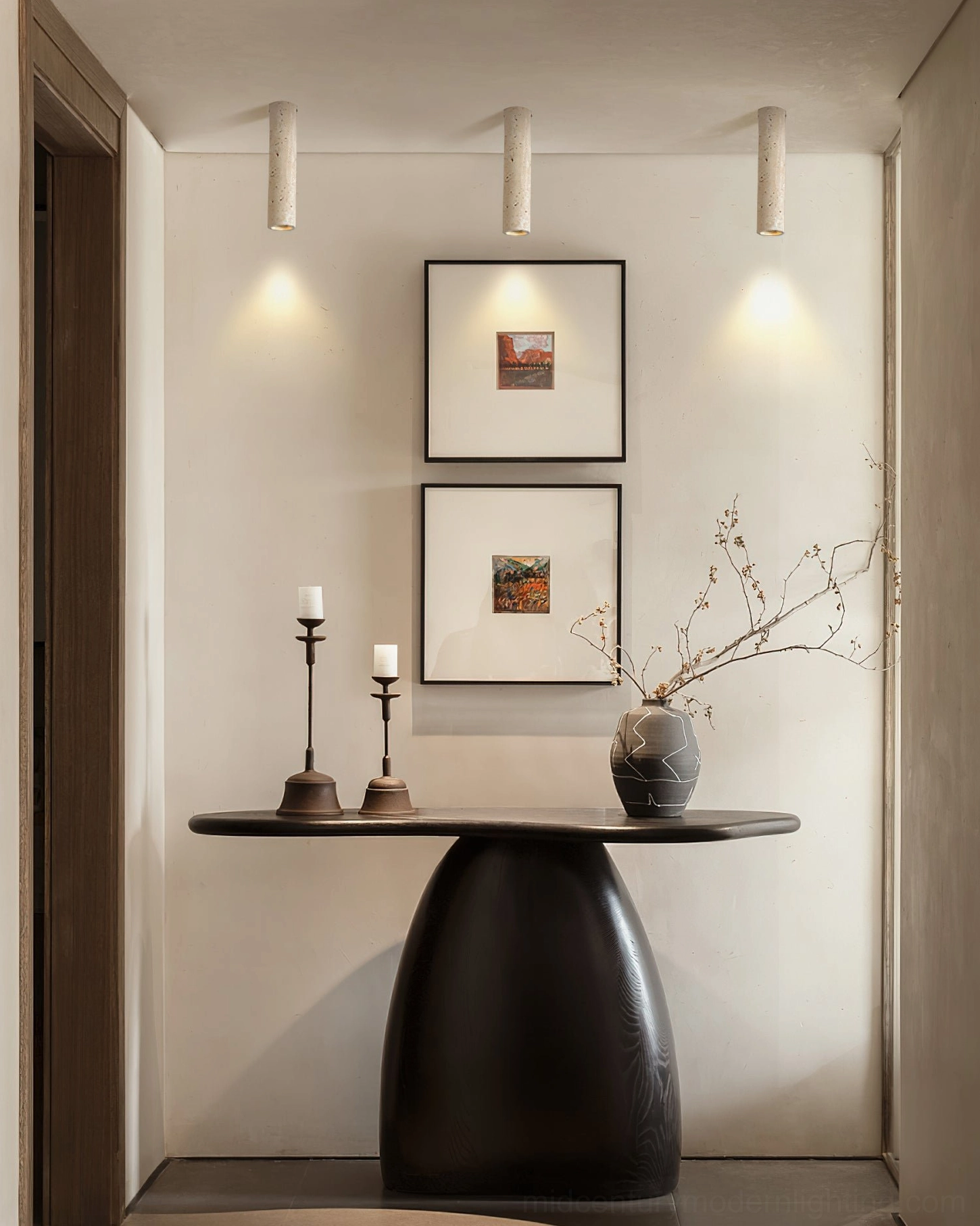 Shura travertine ceiling lamp installed hallway entrance wabi-sabi minimalist