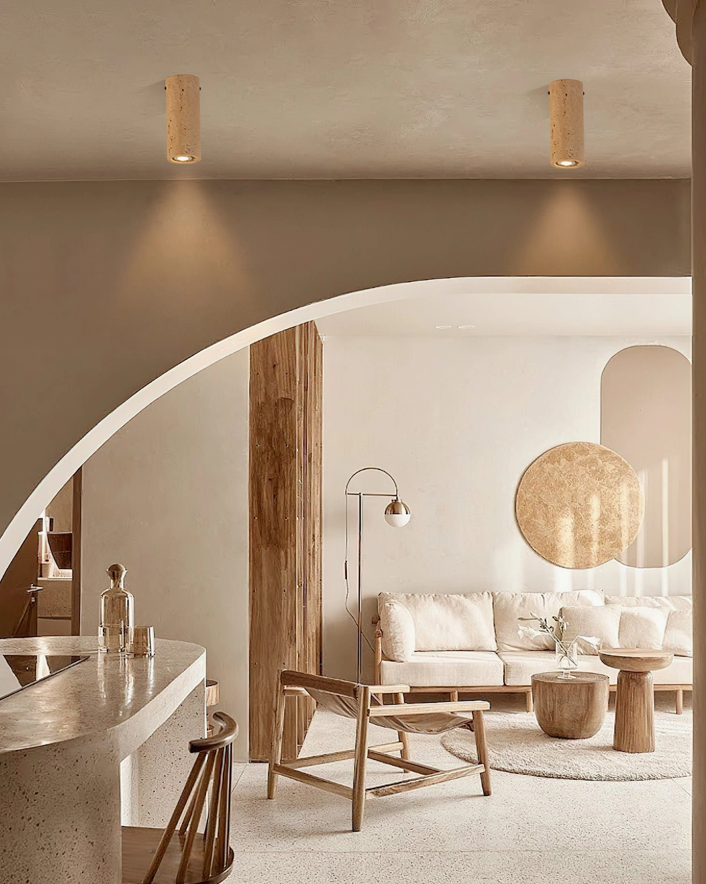 Shura travertine ceiling lamp open-concept living dining room archway