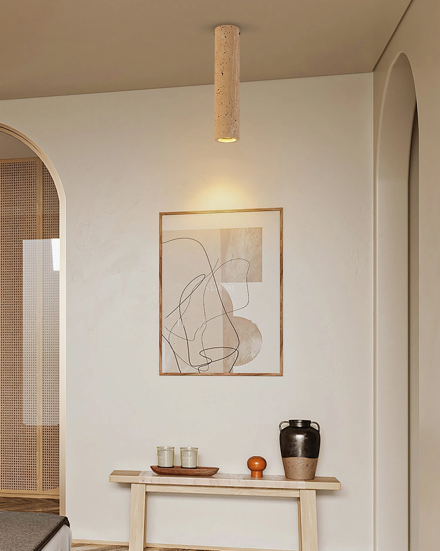 Shura travertine ceiling lamp side view minimalist home corner with wall art