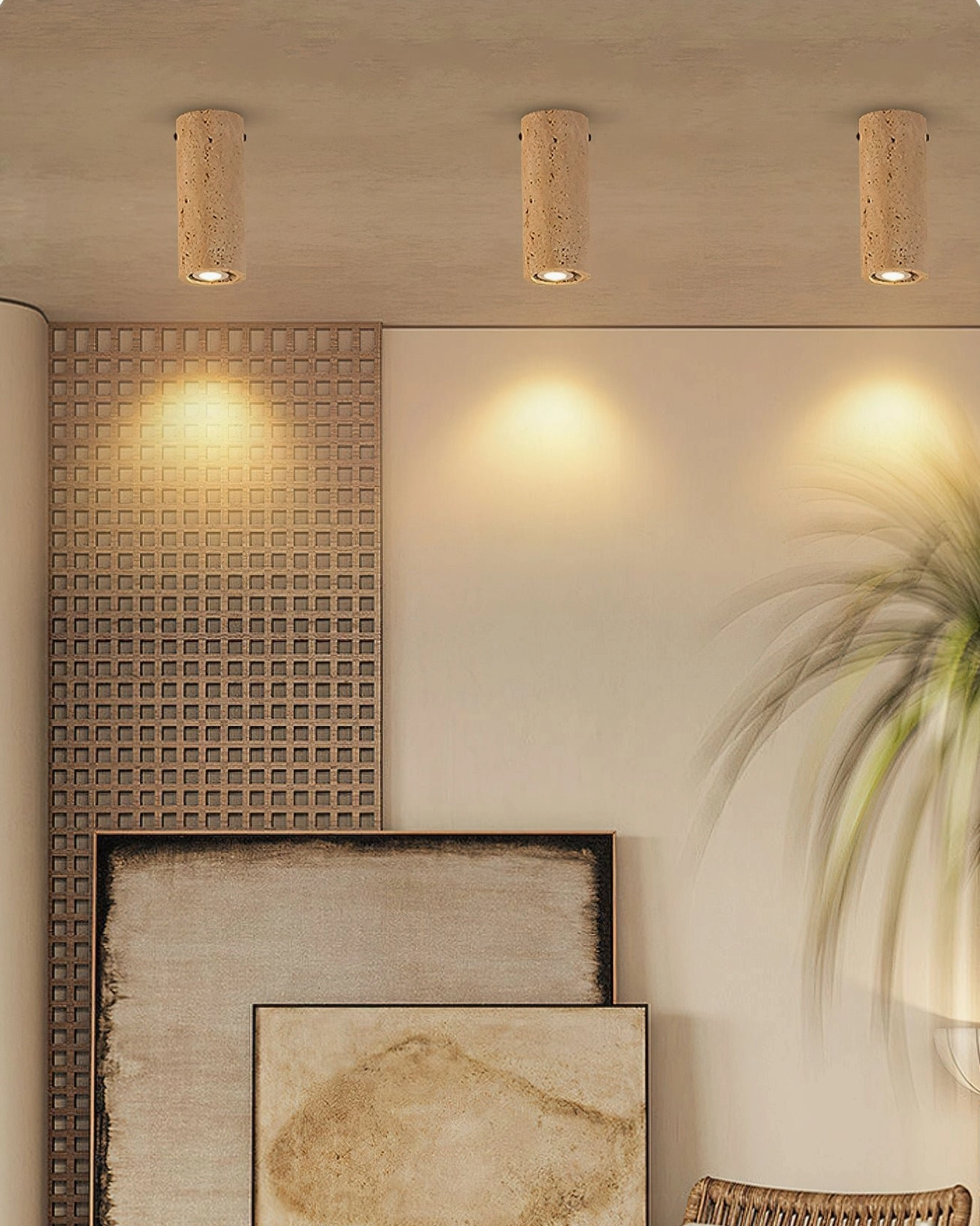 Shura travertine ceiling lamps triple fixtures minimalist living accent wall