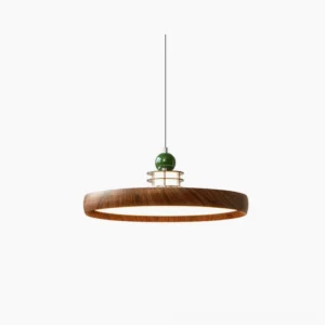 Sia Scalloped Saucer Pendant Light with walnut wood finish in studio view