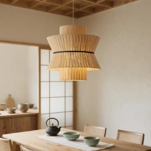 Sicel pendant light in Japanese-style dining room with warm rustic wooden furniture and neutral interior
