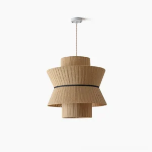 Sicel tiered woven pendant light with natural rattan finish and black accent band, frontal studio view
