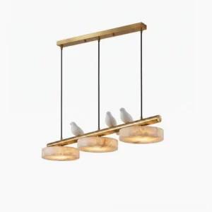 Sienna Linear Alabaster Chandelier with sculptural bird accents and brass bar, top-down studio view