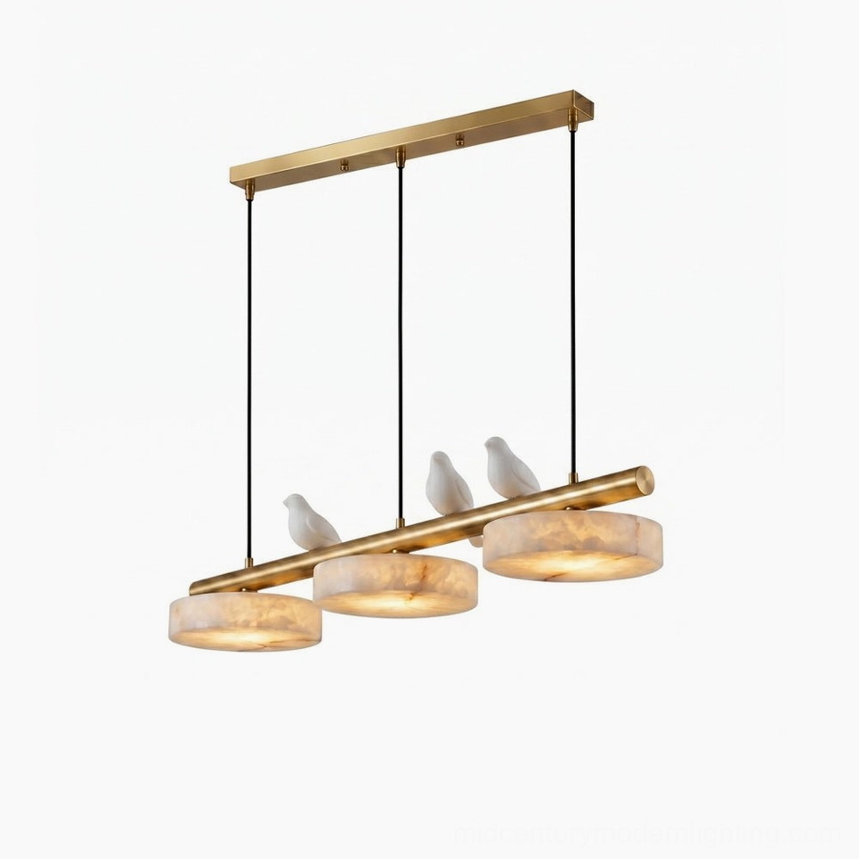 Sienna Linear Alabaster Chandelier with sculptural bird accents and brass bar, top-down studio view