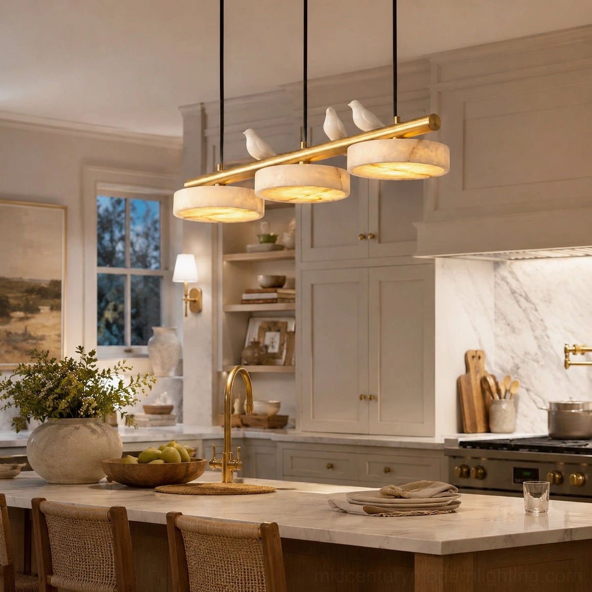 Artisan alabaster pendant with brass bar and sculptural birds over minimalist kitchen island