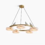 Sienna Bird Round Alabaster Chandelier front view on white background, showing brass frame with four frosted white alabaster disc shades and sculptural white bird accents