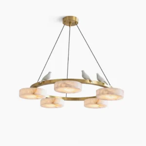 Sienna Bird Round Alabaster Chandelier front view on white background, showing brass frame with four frosted white alabaster disc shades and sculptural white bird accents