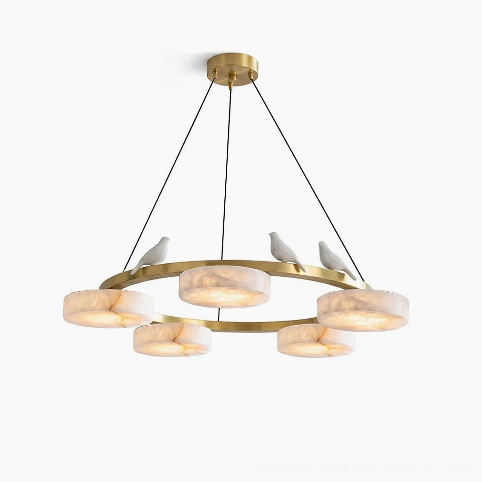 Sienna Bird Round Alabaster Chandelier front view on white background, showing brass frame with four frosted white alabaster disc shades and sculptural white bird accents