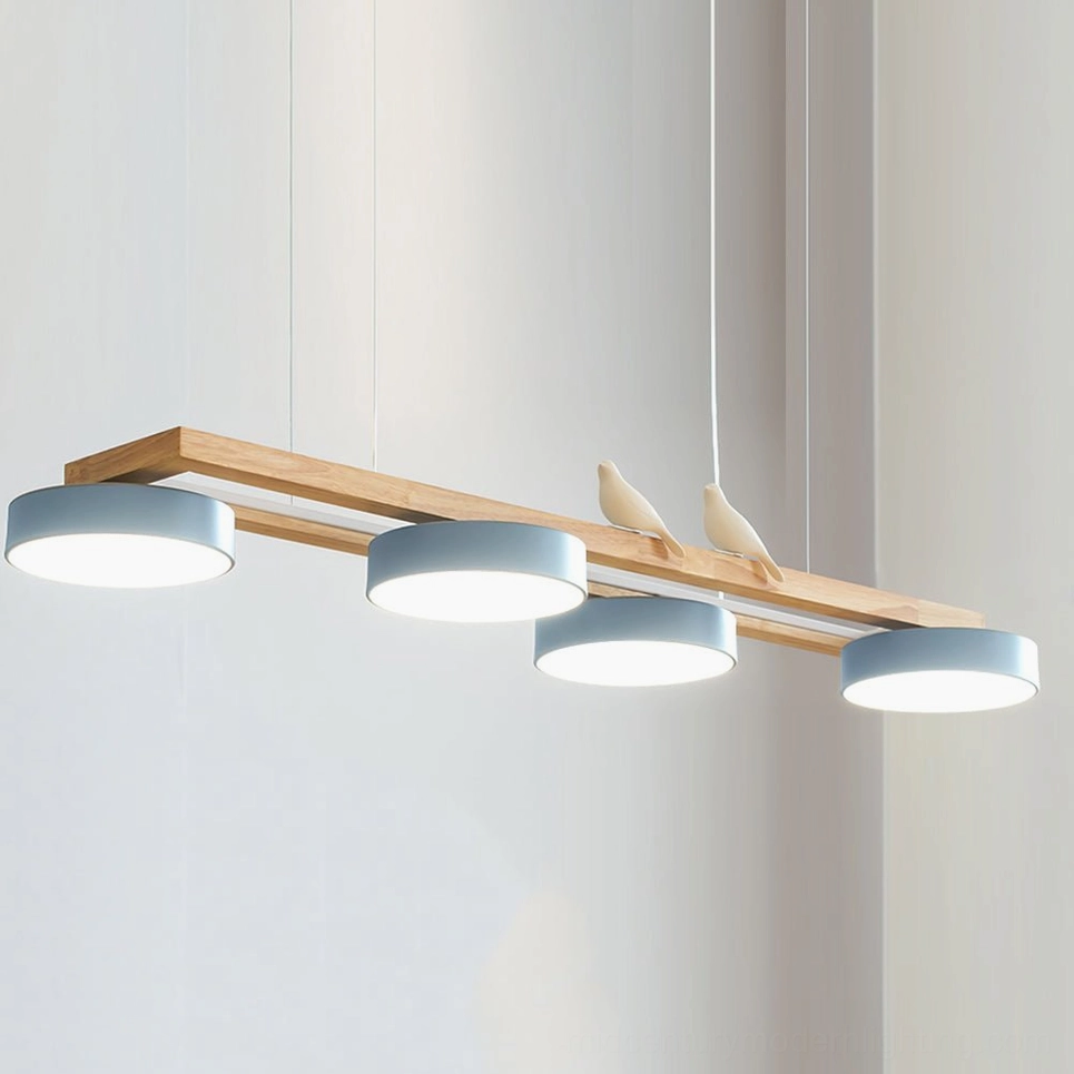 Sienna Bird Linear Chandelier blue finish variation in contemporary dining environment