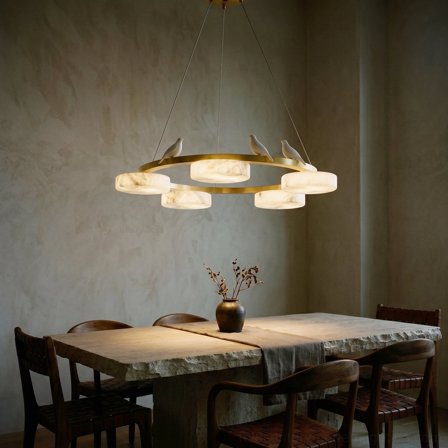 Sienna Bird Round Alabaster Chandelier close-up detail of alabaster disc shades and brass frame structure