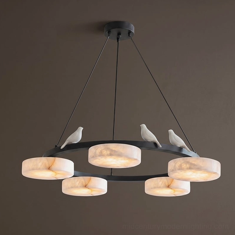 Sienna Bird Round Alabaster Chandelier in black metal frame with white alabaster discs, contemporary minimalist styling