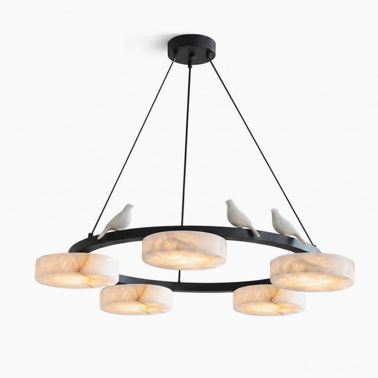 Sienna Bird Round Alabaster Chandelier close detail of brass frame and genuine alabaster disc translucency