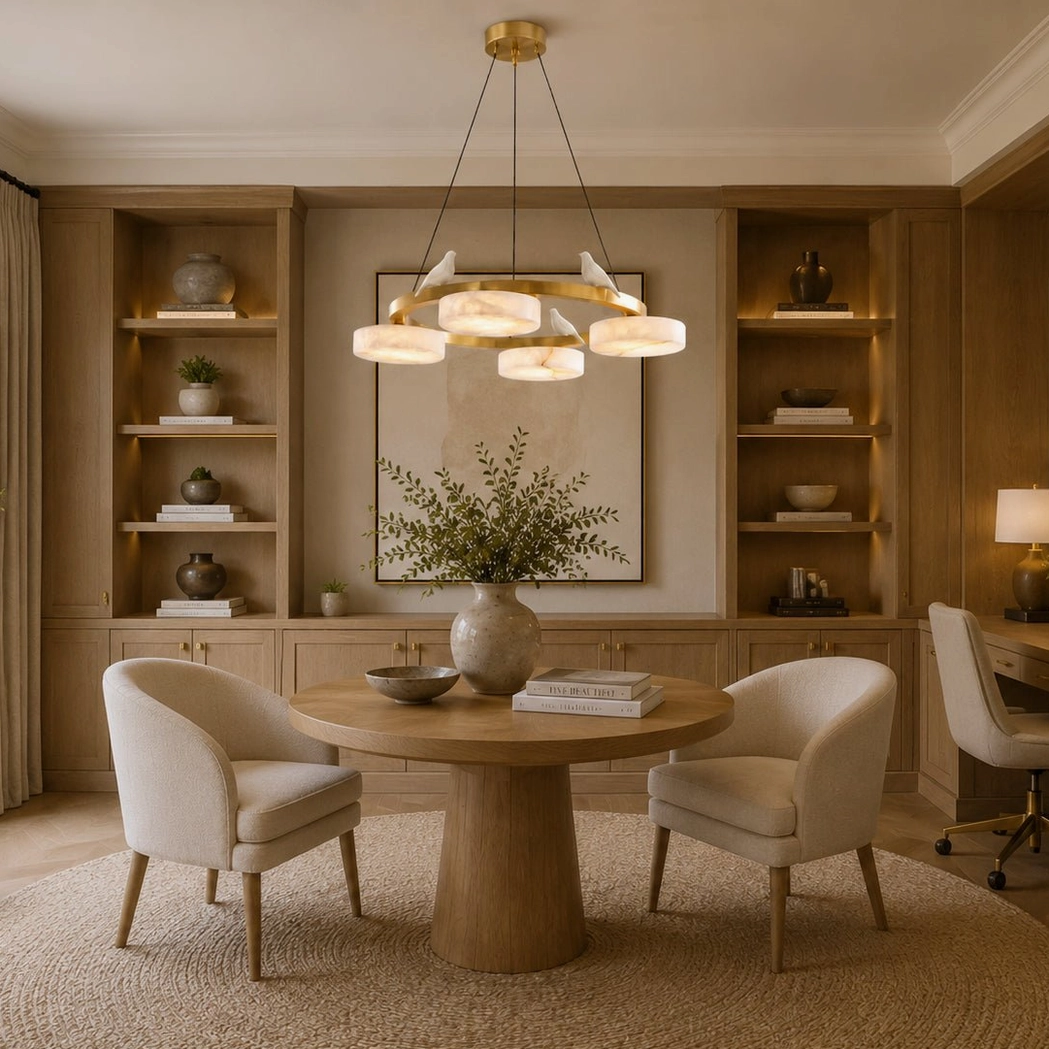 Sienna Bird chandelier in study dining space, brass hardware and warm alabaster glow over wooden furniture