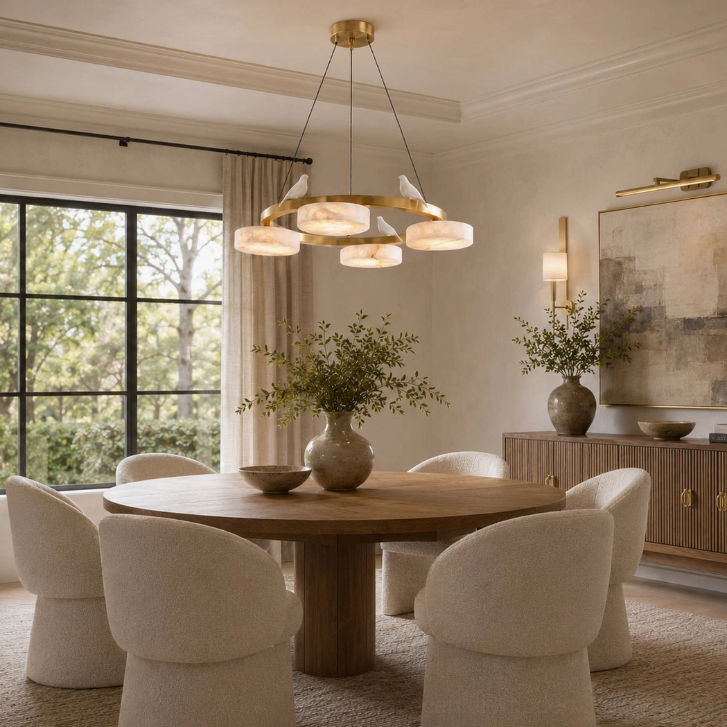 Sienna Bird Round Alabaster Chandelier mounted over wooden dining table in sunlit beige dining room with brass frame