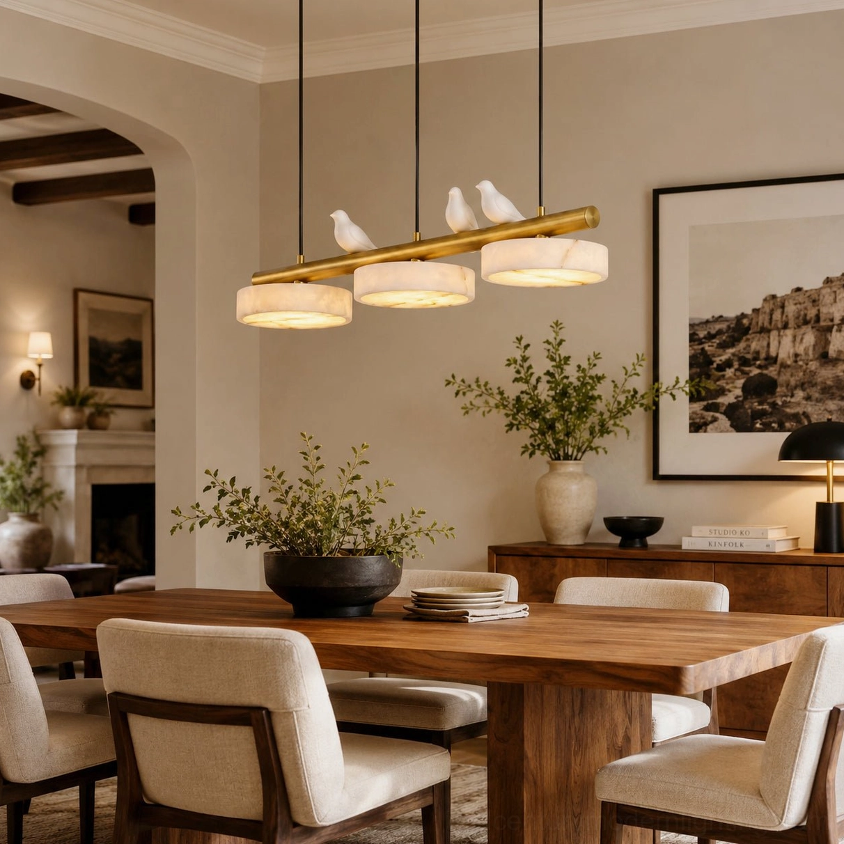 Modern linear alabaster chandelier with three birds and glowing stone discs above traditional dining table
