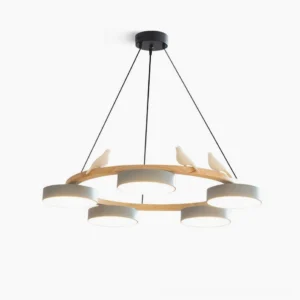 Sienna bird round pendant chandelier with five white lamp heads and ceramic bird ornaments on natural wood ring, overhead front view on white background
