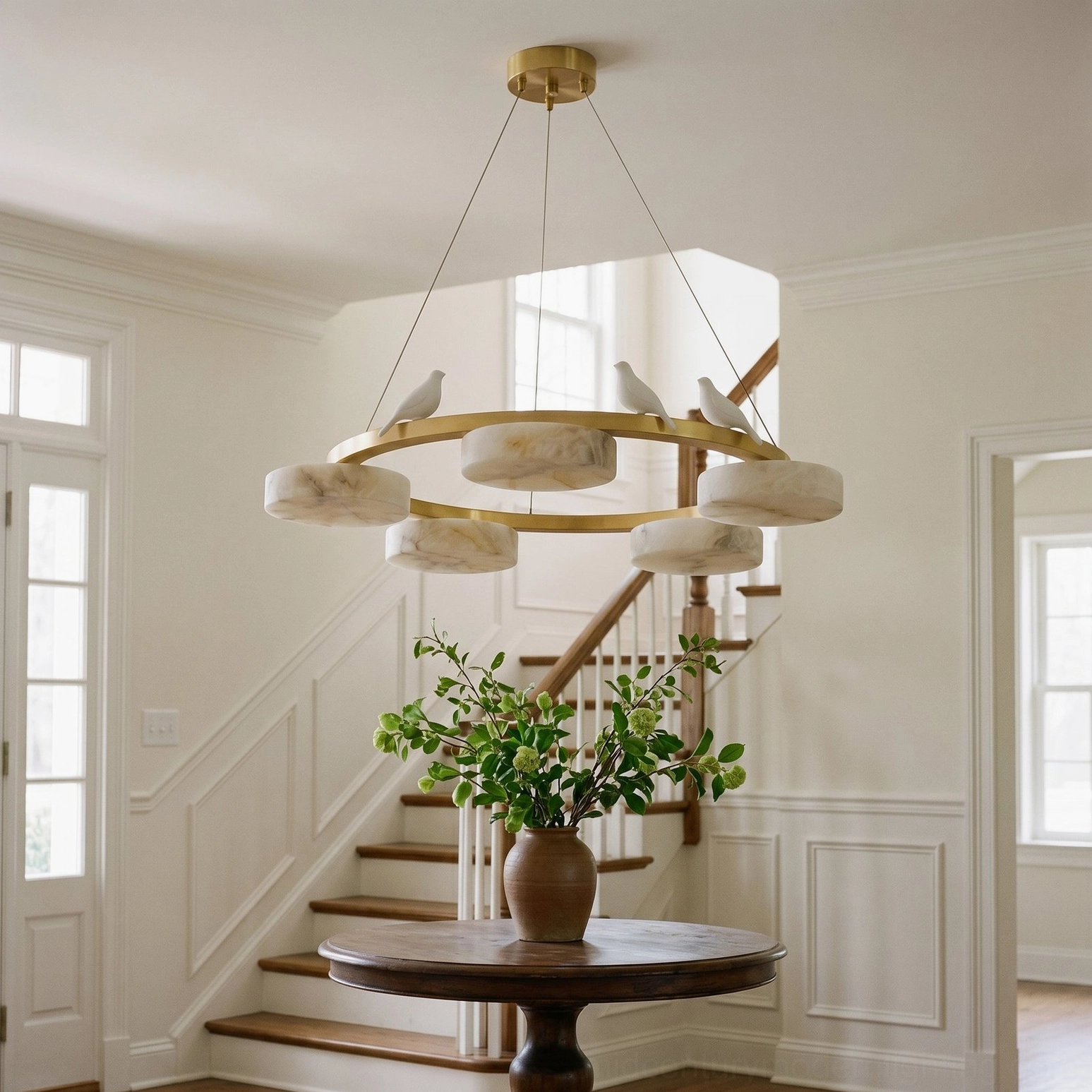 Sienna Bird Round Alabaster Chandelier side view in traditional white staircase foyer, brass hardware detail