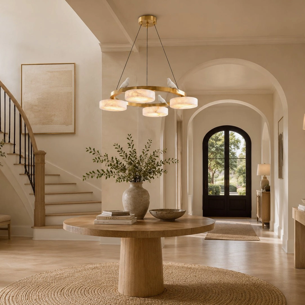 Sienna Bird Round Alabaster Chandelier in minimalist warm foyer, brass frame, natural light environment