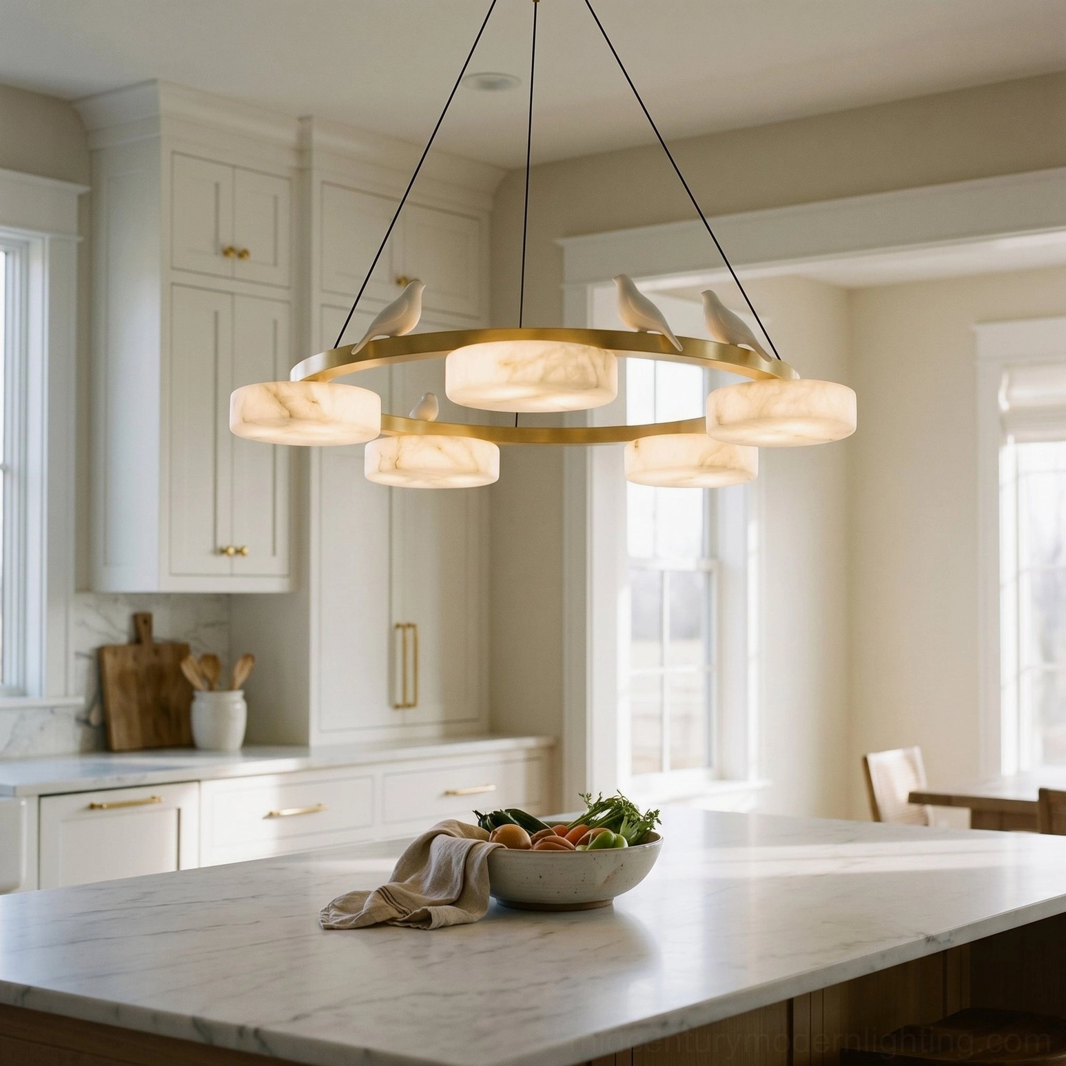 Sienna Bird chandelier installed over marble kitchen island at eye level, brass frame in modern farmhouse kitchen