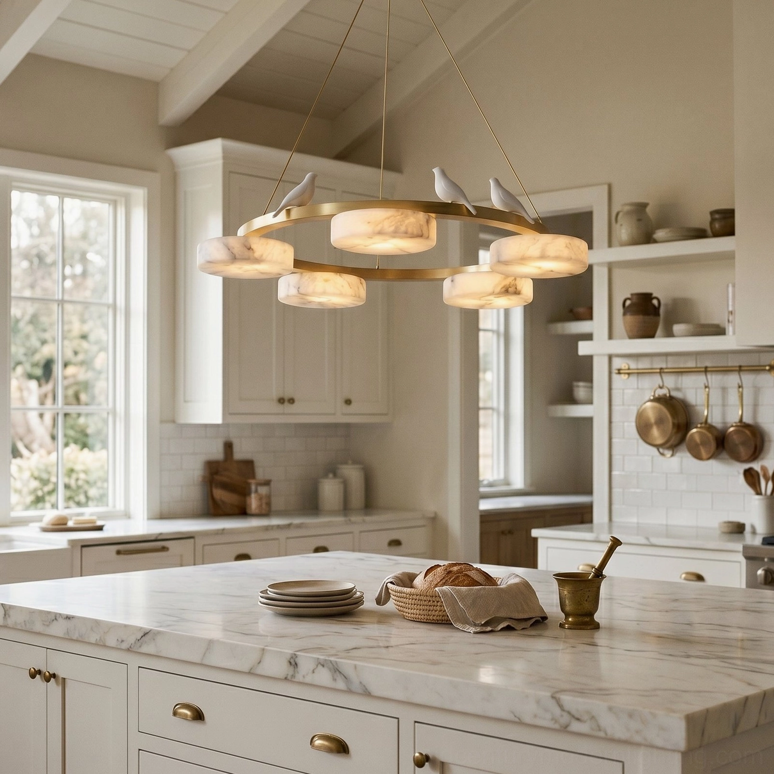 Sienna Bird Round Alabaster Chandelier front view over white marble kitchen island, contemporary kitchen design