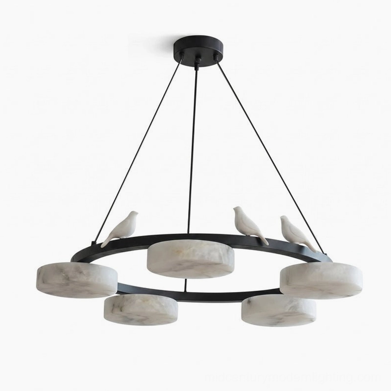 Sienna Bird Round Alabaster Chandelier in transitional interior, mid-century modern design context