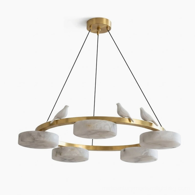 Sienna Bird Round Alabaster Chandelier brass frame with bird accents, overhead installation view